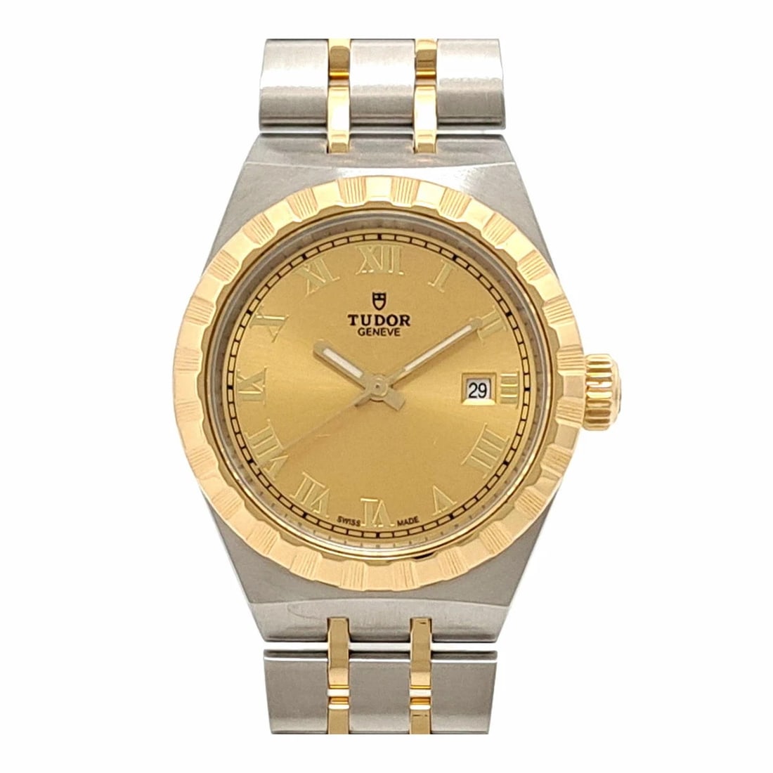 TUDOR ROYAL AUTOMATIC WATCH GOLD: TUDOR Royal Automatic Watch Gold Brand: TUDOR Type: Wristwatch Material: Stainless Steel & Yellow Gold Color: Dial color Champagne / Gold Size: Case size approximately 28mm Arm circumference approx.