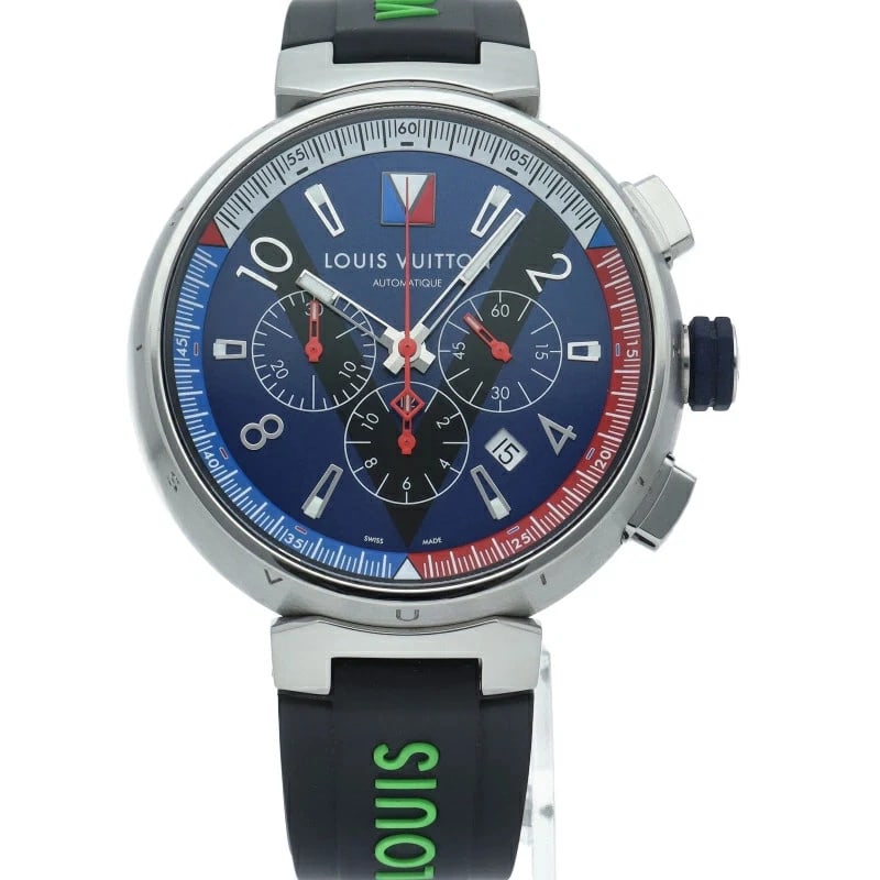 LOUIS VUITTON TAMBOUR REGATTA CHRONOGRAPH AUTOMATIC WATCH BLUE: Louis Vuitton Tambour Regatta Chronograph Automatic Watch Blue Brand: Louis Vuitton Type: Wristwatch Material: Stainless Steel / Rubber Color: Dial color Blue Size: Case: Approximately H30mm x W21mm