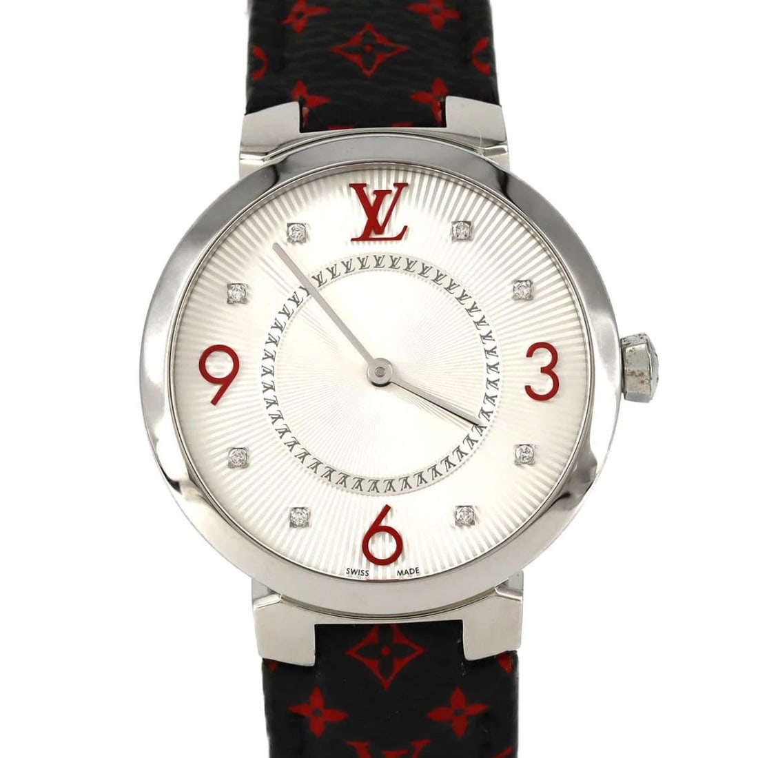 LOUIS VUITTON TAMBOUR MONOGRAM QUARTZ WATCH: Louis Vuitton Tambour Monogram Quartz Watch Brand: LOUIS VUITTON Type: Wristwatch Material: Stainless Steel / Leather Color: Dial color Silver (Monogram) Size: Case diameter approx.: 33mm Accessor