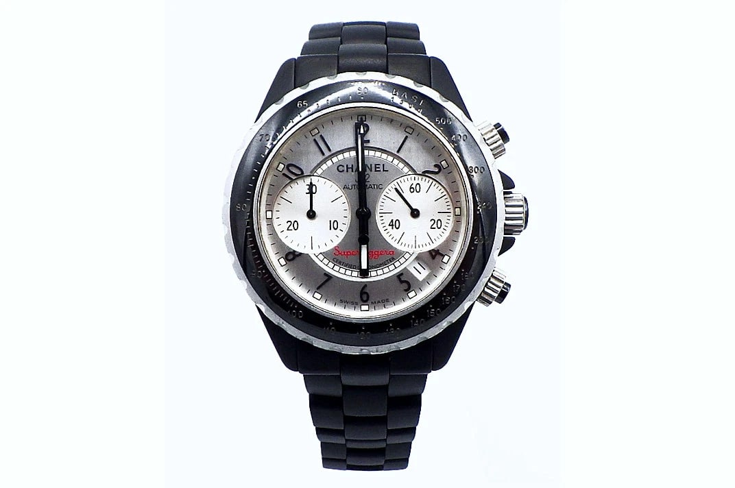 CHANEL J12 SUPERLEGGERA AUTOMATIC WATCH: CHANEL J12 Superleggera Automatic Watch Brand: CHANEL Type: Wristwatch Material: SS/High-tech ceramic Color: Dial color silver Size: Case size 42mm Accessories: None Accessories Notice: Wh
