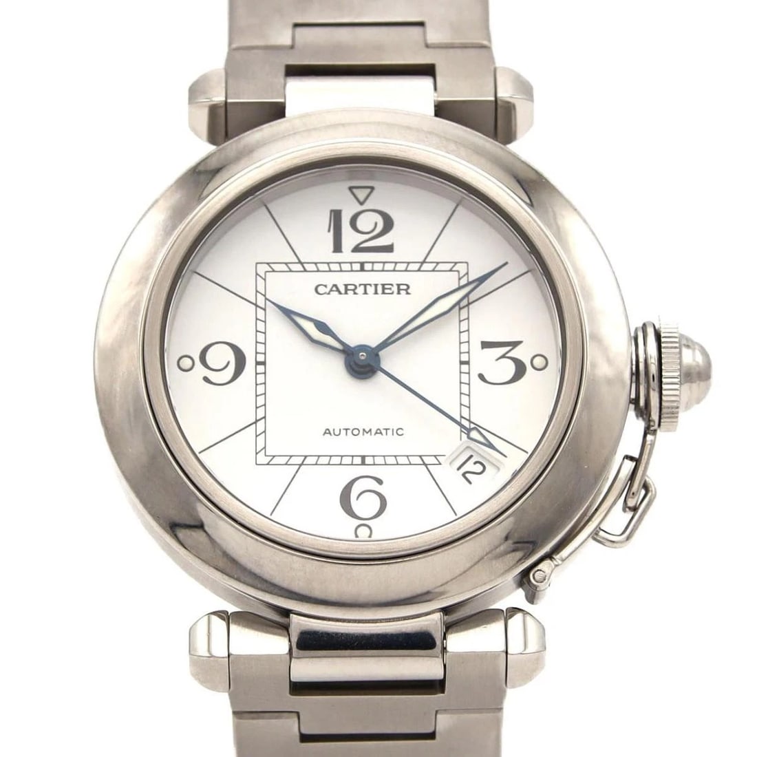 CARTIER PASHA AUTOMATIC WATCH UNISEX WHITE: Cartier Pasha Automatic Watch Unisex White Brand: Cartier Type: Wristwatch Material: Stainless Steel Color: Dial color white Size: Case diameter approx.: 35mm Maximum arm circumference approx.: 15.5cm