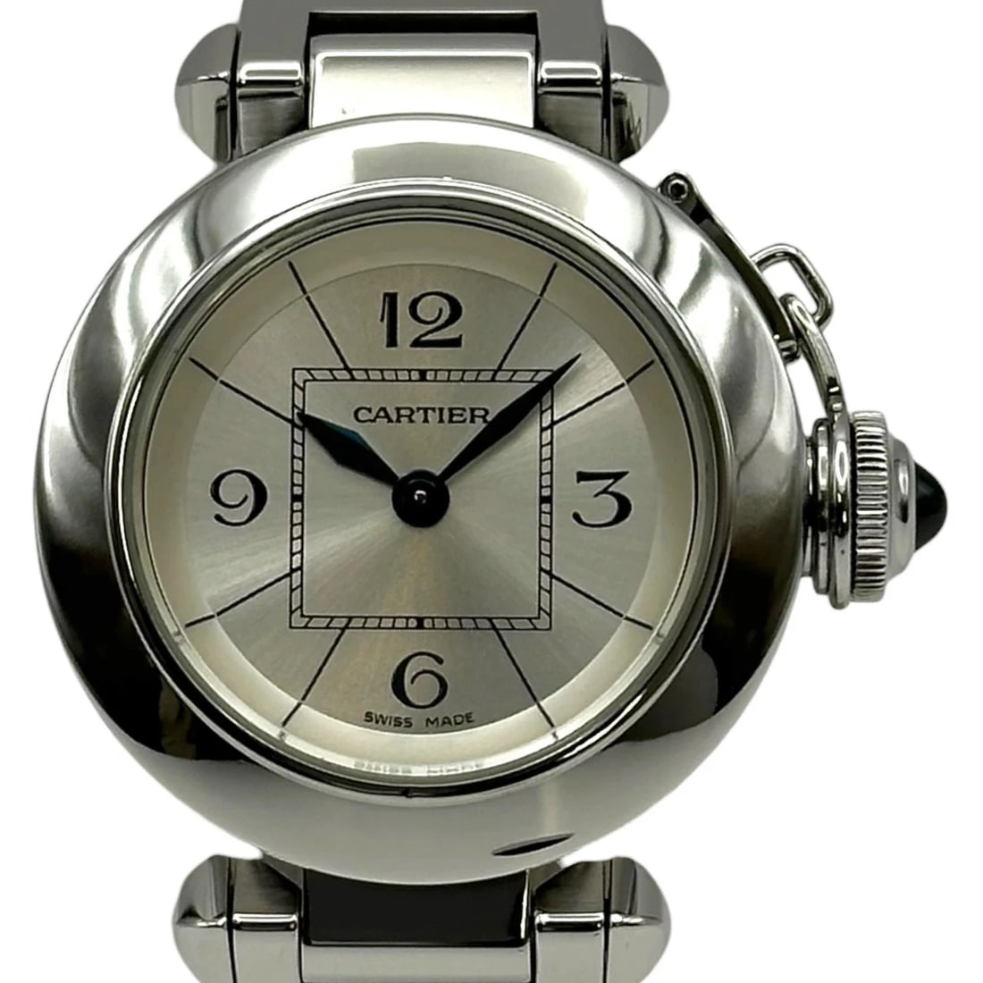 CARTIER MISS PASHA SILVER QUARTZ WATCH: Cartier Miss Pasha Silver Quartz Watch Brand: Cartier Type: Wristwatch Material: SS Color: Dial color silver Size: Arm circumference: approx. 14.5cm Case approx. 27mm Accessories: None Accessories