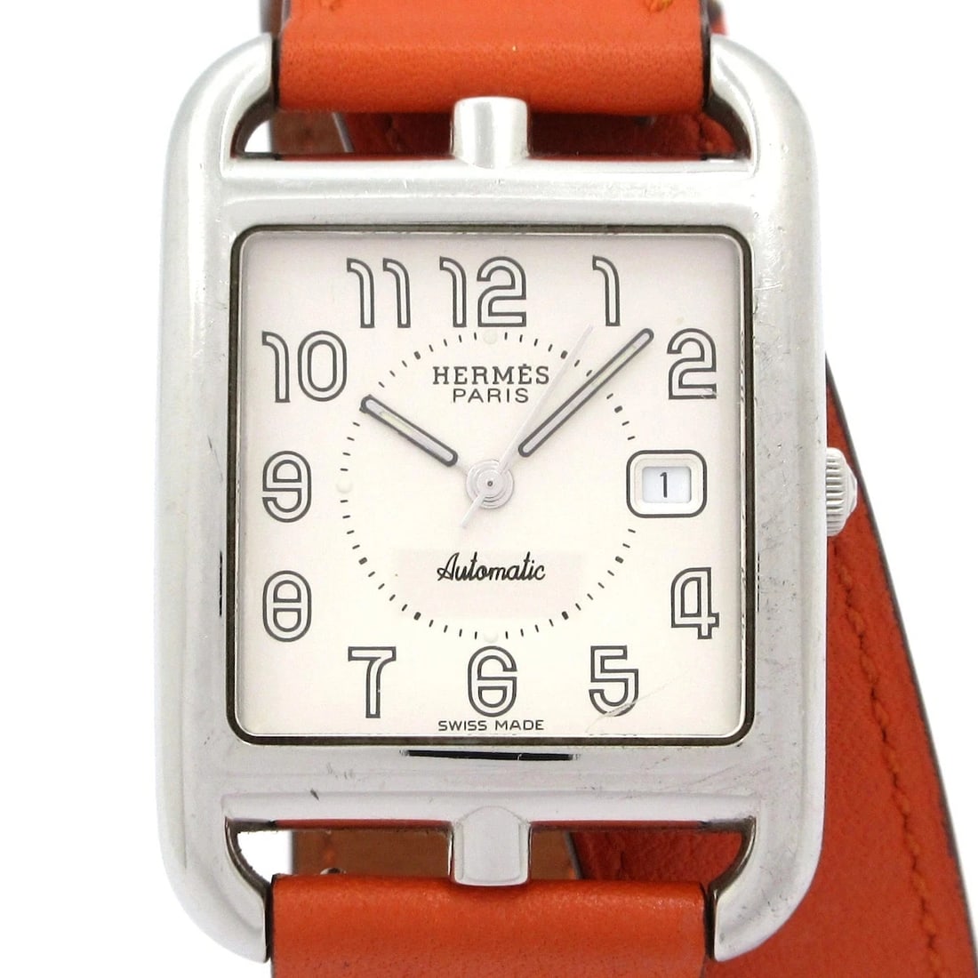 HERMES CAPE COD DOUBLE TOUR WATCH STAINLESS STEEL LEATHER STRAP SILVER (1 of 7)