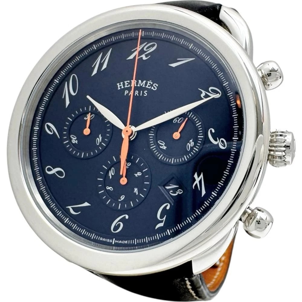 HERMES ARCEAU CHRONO WATCH STAINLESS STEEL: HERMES Arceau Chrono Watch Stainless Steel Brand: HERMES Type: Wristwatch Material: SS leather Color: Dial color black Size: inner circumference: approx. 17.5cm Case size: Width 43mm x Height 43mm x T