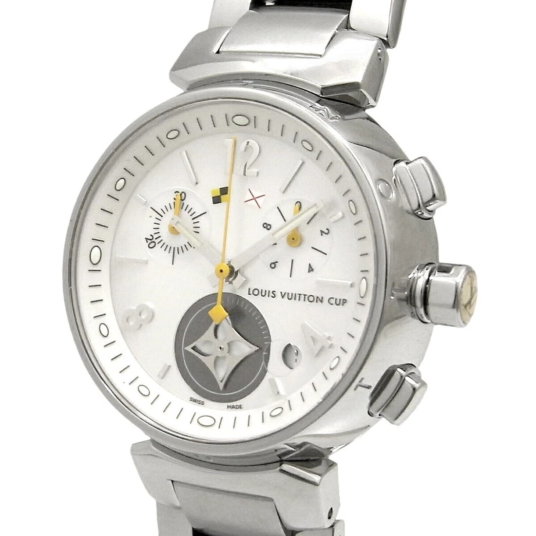 LOUIS VUITTON TAMBOUR LOVELY CUP CHRONOGRAPH QUARTZ WATCH: Louis Vuitton Tambour Lovely Cup Chronograph Quartz Watch Brand: Louis Vuitton Type: Wristwatch Material: ss Color: Dial color silver Size: Case Size34 mm Accessories: None Accessories Not