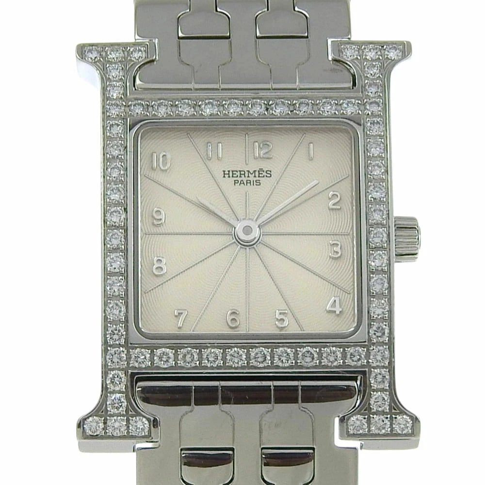 HERMES WATCH DIAMOND BEZEL STAINLESS STEEL QUARTZ ANALOG WATCH: Hermes Watch Diamond Bezel Stainless Steel Quartz Analog Watch Brand: HERMES Type: Wristwatch Material: ss Color: Dial color white Size: Case: Approximately H30.0mm x W21.0mm (including lugs,