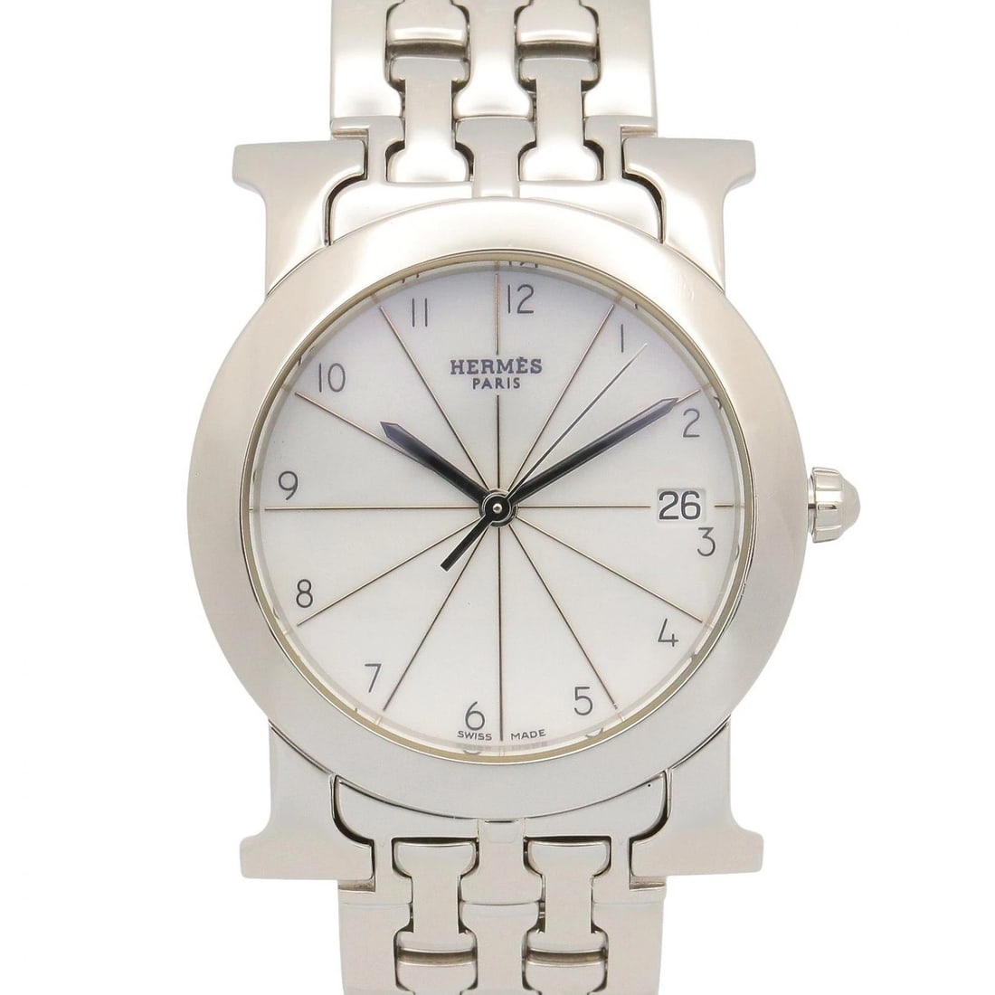 HERMES WATCH RONDE STAINLESS STEEL WHITE QUARTZ WATCH: HERMES Watch Ronde Stainless Steel White Quartz Watch Brand: HERMES Type: Wristwatch Material: ss Color: Dial color white Size: Case size: Approximately 31mm in diameter Arm circumference: approx.