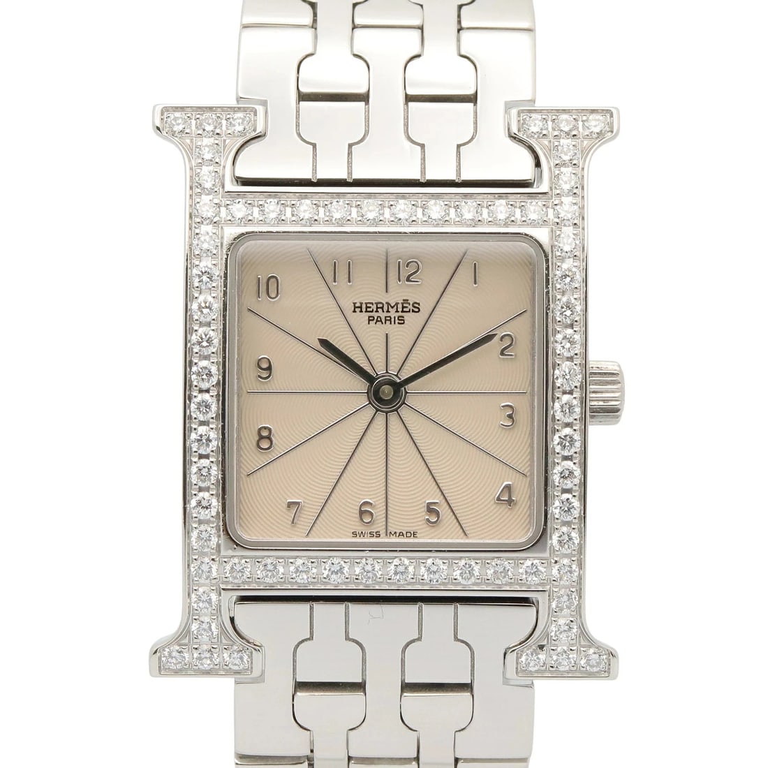 HERMES H WATCH BEZEL DIAMOND SILVER QUARTZ WATCH: HERMES H Watch Bezel Diamond Silver Quartz Watch Brand: HERMES Type: Wristwatch Material: ss Color: Dial color silver Size: Case size: Height approx. 30mm x Width approx. 21mm Arm circumference: appro