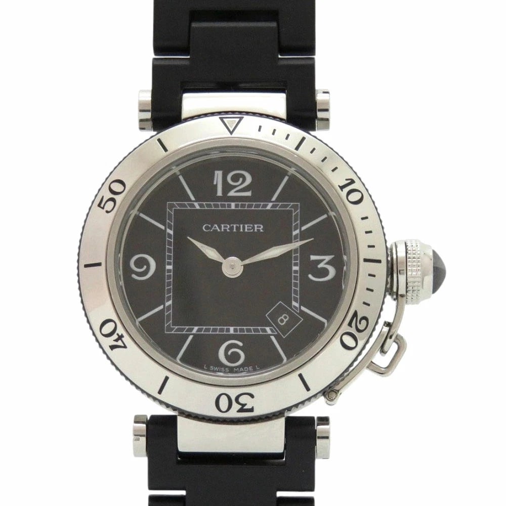 CARTIER PASHA TIMER BLACK QUARTZ WATCH DIAL: Cartier Pasha Timer Black Quartz Watch Dial Brand: Cartier Type: Wristwatch Material: stainless steel/rubber Color: Dial color black/silver Size: case: approx. 33mm Arm circumference: approx. 17cm