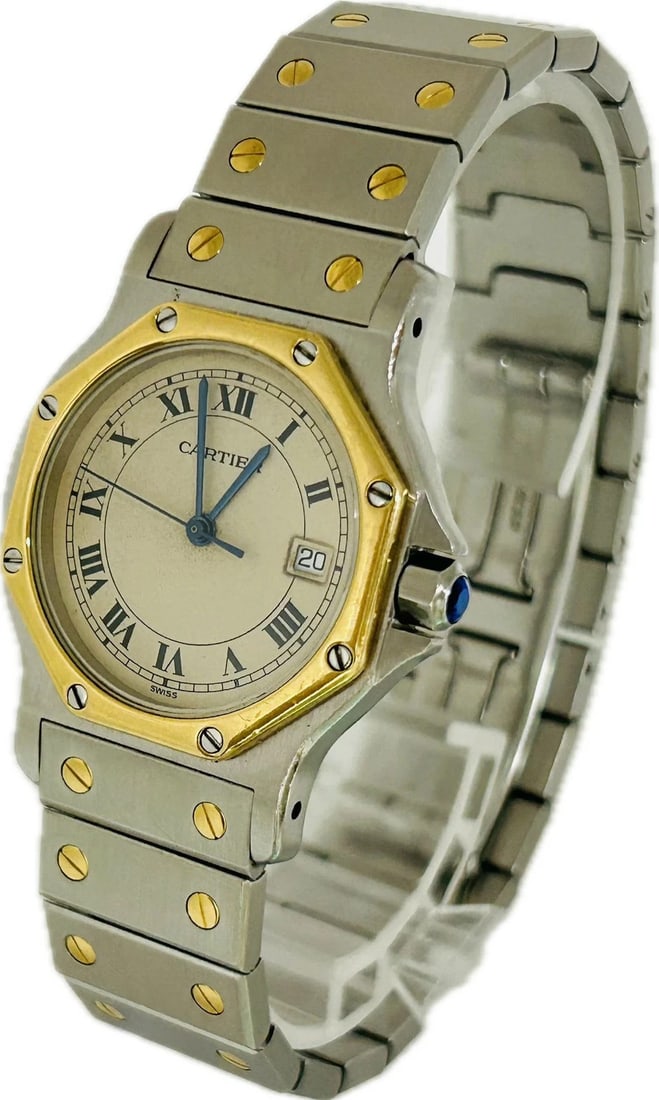 CARTIER SANTOS OCTAGON UNISEX WATCH QUARTZ: Cartier Santos Octagon Unisex Watch Quartz Brand: Cartier Type: Wristwatch Material: SSYG Color: Dial color Ivory Size: -Case size (w) 30mm -Arm circumference size approx. 18cm Accessories: None <