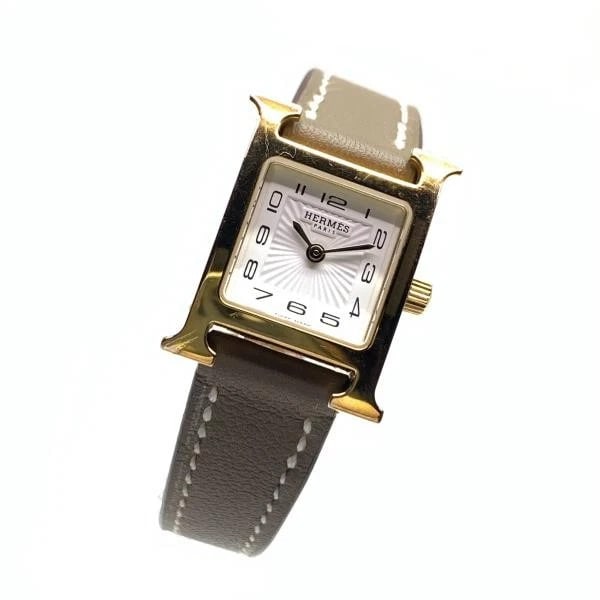 HERMES WATCH QUARTZ 2 HAND WHITE DIAL GOLD HARDWARE LEATHER WATCH (1 of 3)