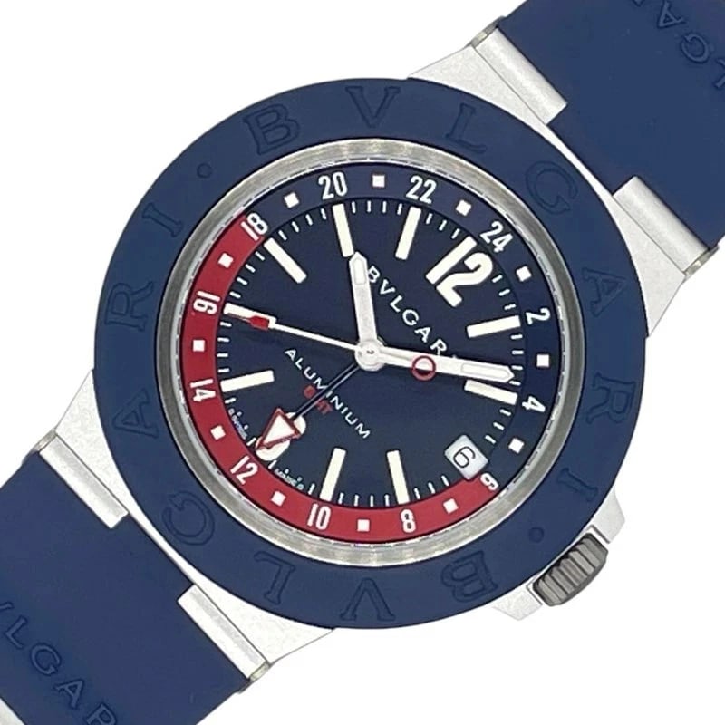 BVLGARI ALUMINUM GMT BLUE AUTOMATIC WATCH: BVLGARI Aluminum GMT Blue Automatic Watch Brand: BVLGARI Type: Wristwatch Material: aluminium rubber Color: Dial color blue Size: Arm circumference: approx. 15-19cm Case approx. 40mm Accessories: