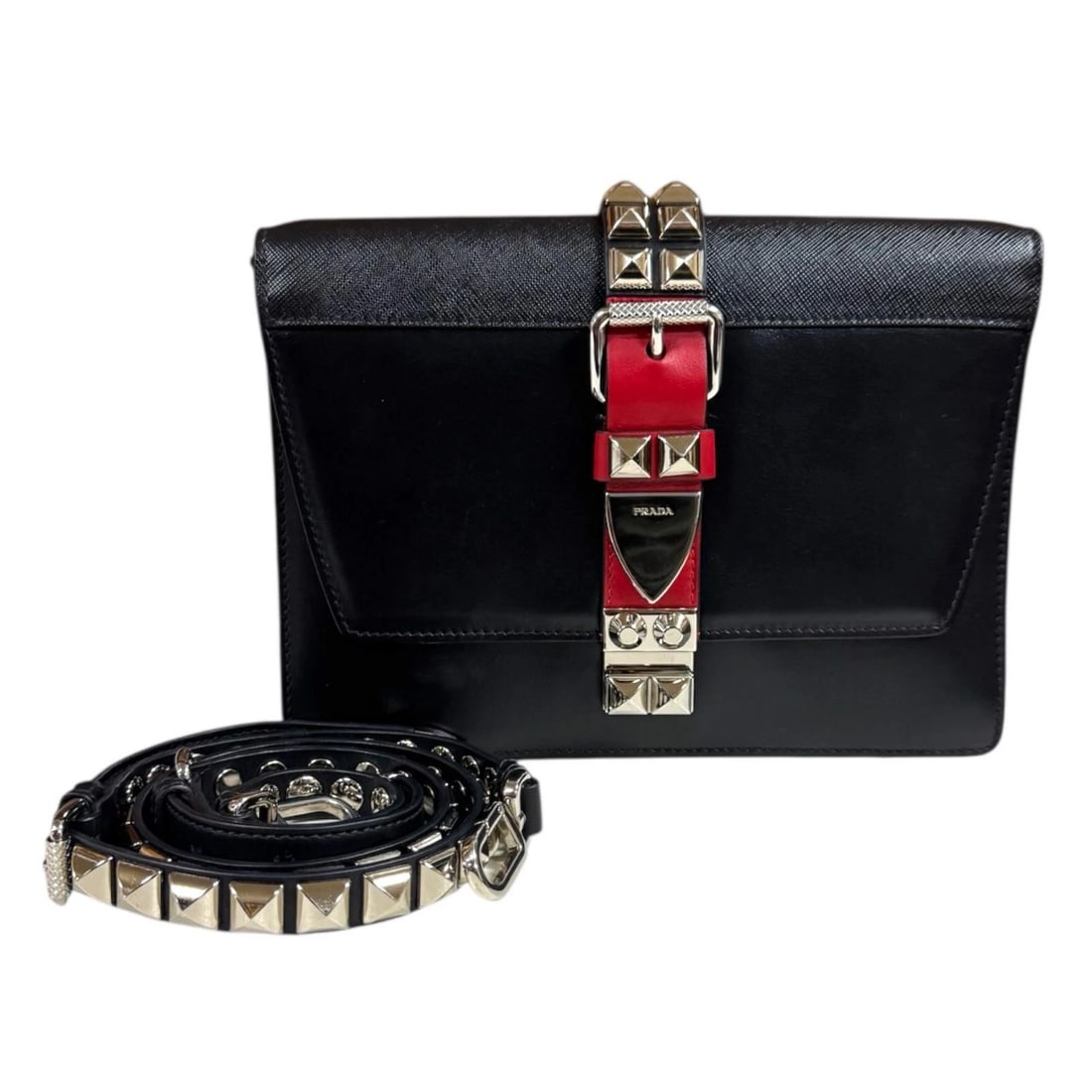 PRADA SHOULDER BAG CROSS BODY LEATHER: PRADA Shoulder Bag Cross Body leather Brand: PRADA Type/Style: Shoulder Bag Material: Exterior Material leather Color: Exterior Color black / Red Size: W9.3 x H6.7 x D2.2inch Accessories: None