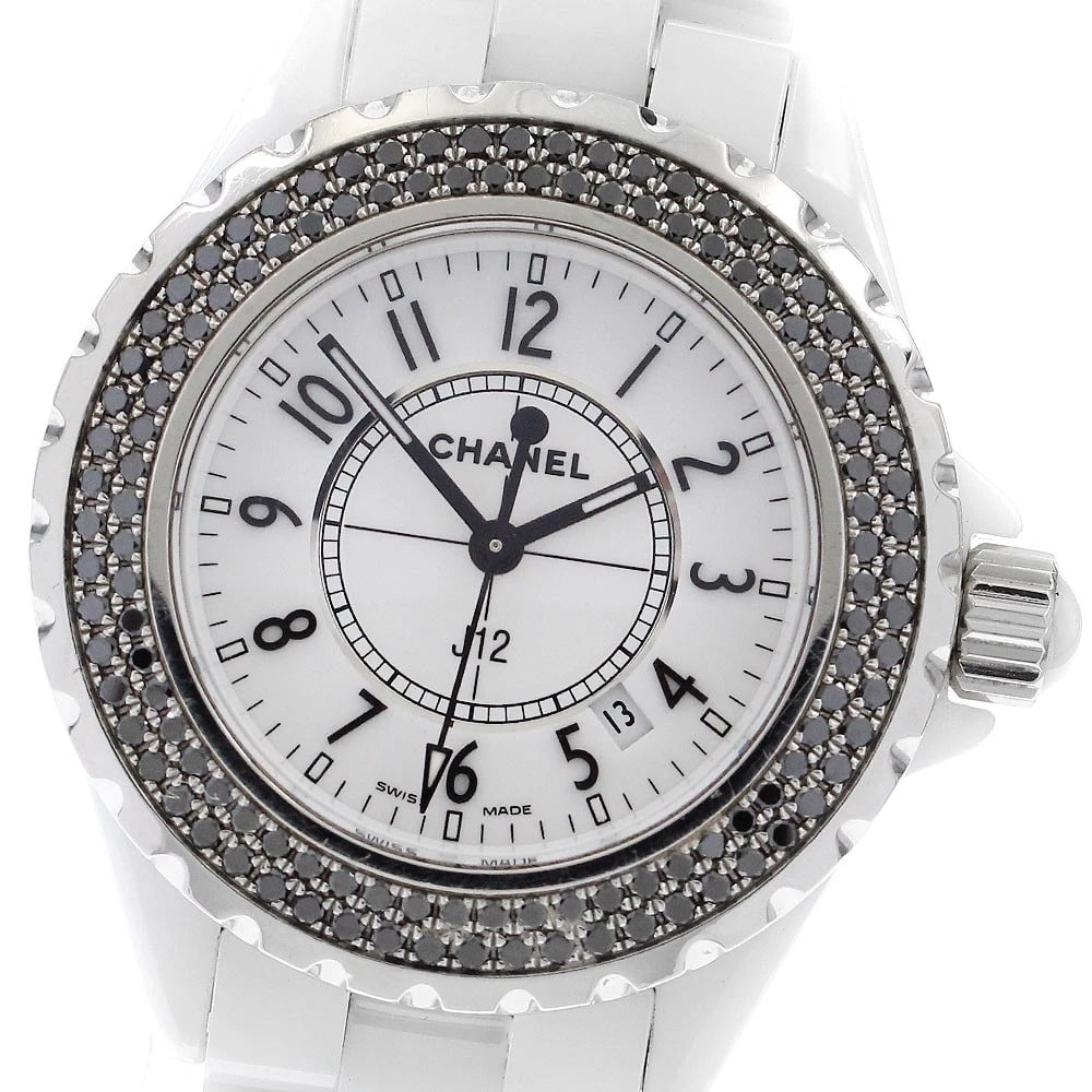 CHANEL J12 WHITE CERAMIC BLACK DIAMOND BEZEL WATCH: CHANEL J12 white ceramic black diamond bezel Watch Brand: CHANEL Type/Style: Wristwatch Material: Band Material Stainless Steel / ceramic, Case Material Stainless Steel / Stainless Steel Color: Band
