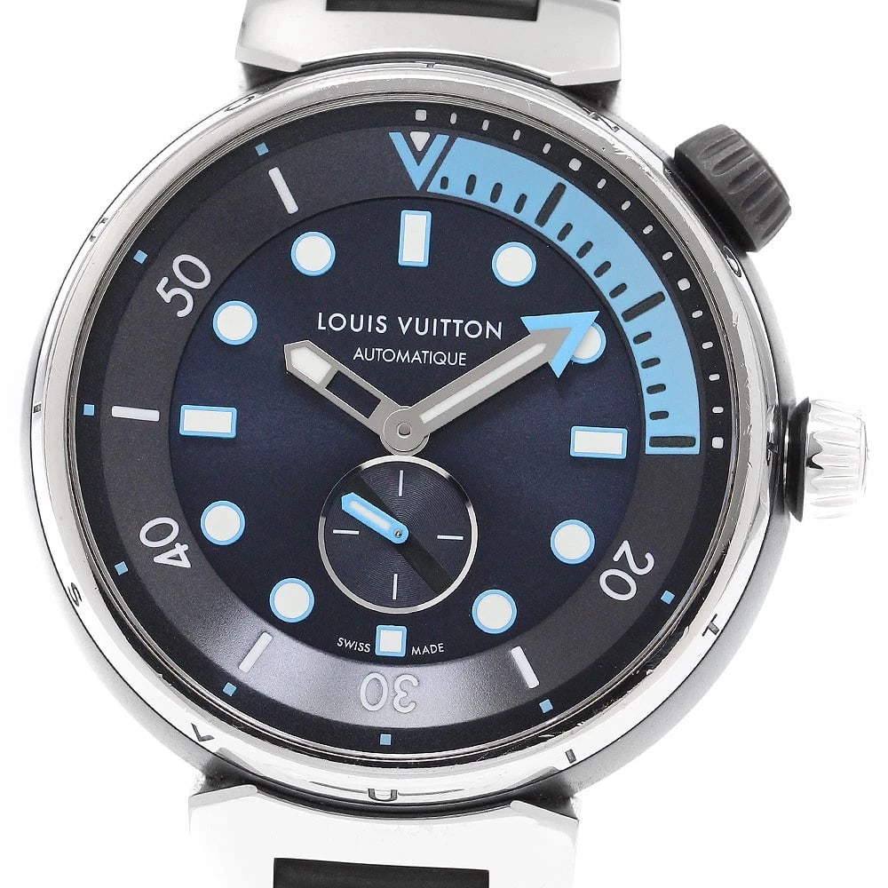 LOUIS VUITTON TAMBOUR NAVY DIAL AUTOMATIC WATCH: LOUIS VUITTON Tambour Navy Dial Automatic Watch Brand: LOUIS VUITTON Type/Style: Wristwatch Material: Band Material rubber, Case Material Stainless Steel / rubber Color: Band Color black, Dial Color