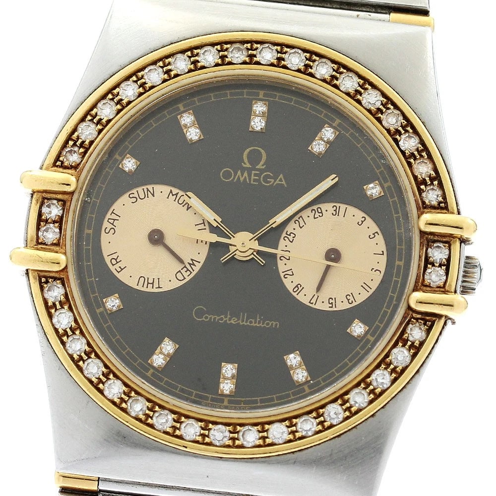 OMEGA CONSTELLATION DAY DATE HALF BAR DIAMOND BEZEL QUARTZ WATCH: OMEGA Constellation Day Date Half Bar Diamond Bezel Quartz Watch Brand: OMEGA Type/Style: Wristwatch Material: Band Material Stainless Steel/YG, Case Material Stainless Steel/YG / Stainless Steel/YG