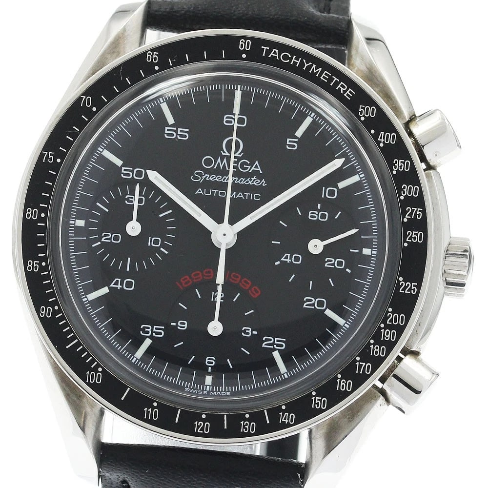 OMEGA SPEEDMASTER AUTOMATIC WATCH: OMEGA Speedmaster Automatic Watch Brand: OMEGA Type/Style: Wristwatch Material: Band Material leather, Case Material Stainless Steel / leather Color: Band Color black, Dial Color black, Case Color