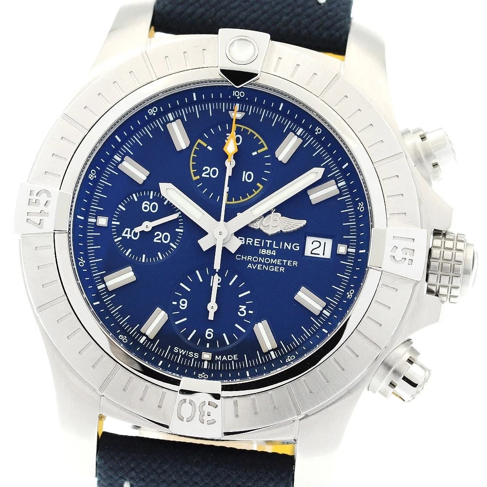 BREITLING AVENGER CHRONOGRAPH NAVY AUTOMATIC WATCH: BREITLING Avenger chronograph Navy Automatic Watch Brand: BREITLING Type/Style: Wristwatch Material: Band Material Nylon / leather, Case Material Stainless Steel / Nylon / leather Color: Band Color