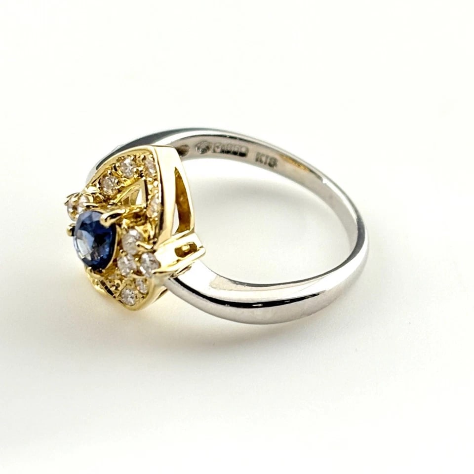SAPPHIRE DESIGN YG YELLOWGOLD MELEE DIAMOND RING: sapphire design YG YellowGold melee diamond Ring Brand: Unbranded Type/Style: Ring Material: Pt850, Main Stone/Creation Sapphire Diamond Color: None Size: US 6 Accessories: None Accessories Notice: