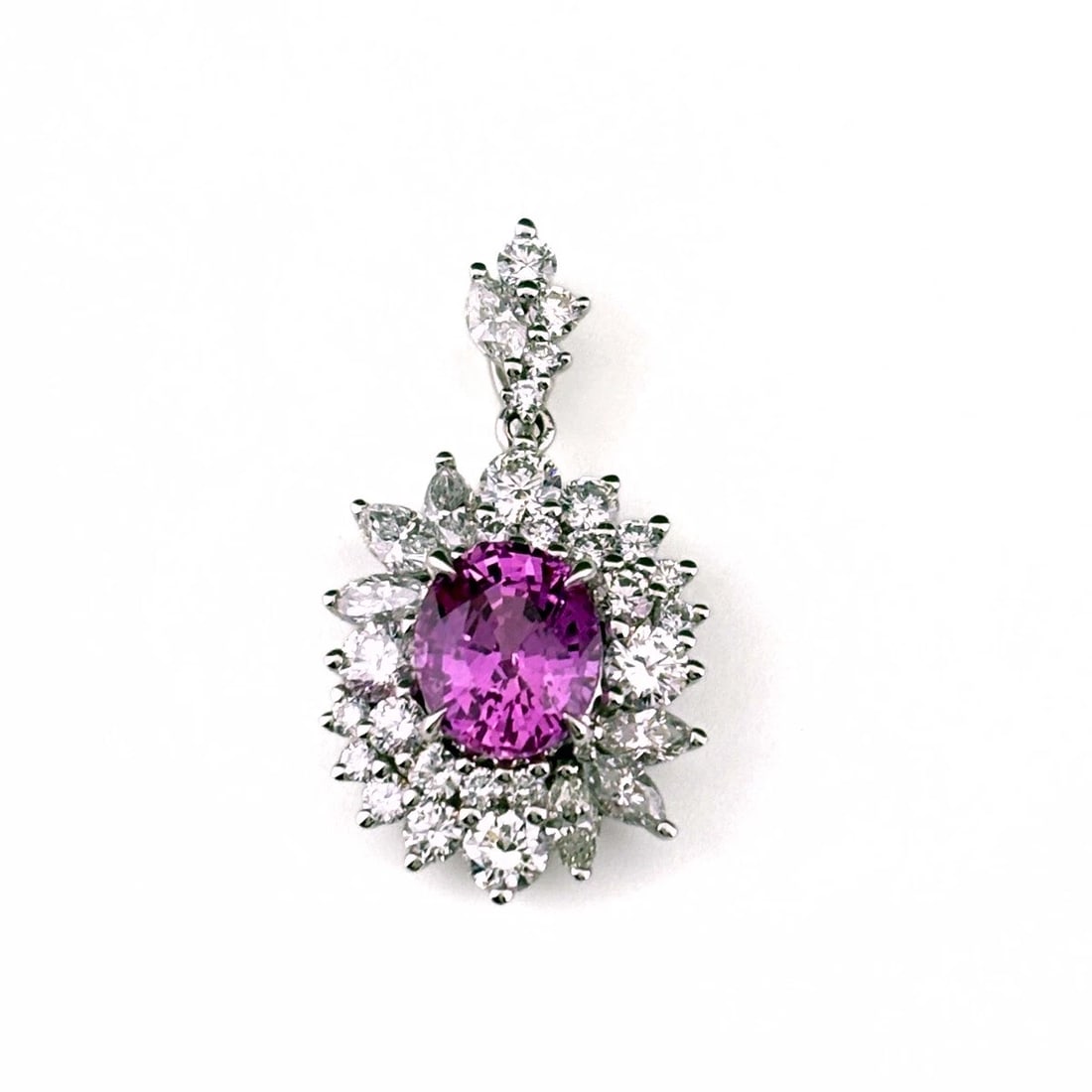PINK SAPPHIRE PLATINUM MELEE DIAMOND PENDANT HEAD: Pink Sapphire Platinum melee diamond Pendant Head Brand: Unbranded Type/Style: Pendant Head Material: Pt950, Main Stone/Creation Sapphire Diamond Color: None Size: Total length of the pendant head
