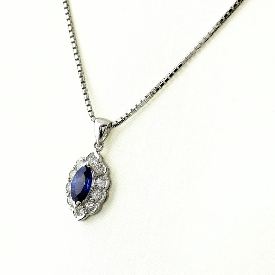 SAPPHIRE DESIGN NECKLACE PLATINUM PENDANT MELEE DIAMOND: Sapphire design necklace Platinum Pendant melee diamond Brand: Unbranded Type/Style: Necklace Material: Pt900 Pt850, Main Stone/Creation Natural Color: None Size: Chain width 1.0mm(0.0") Total length