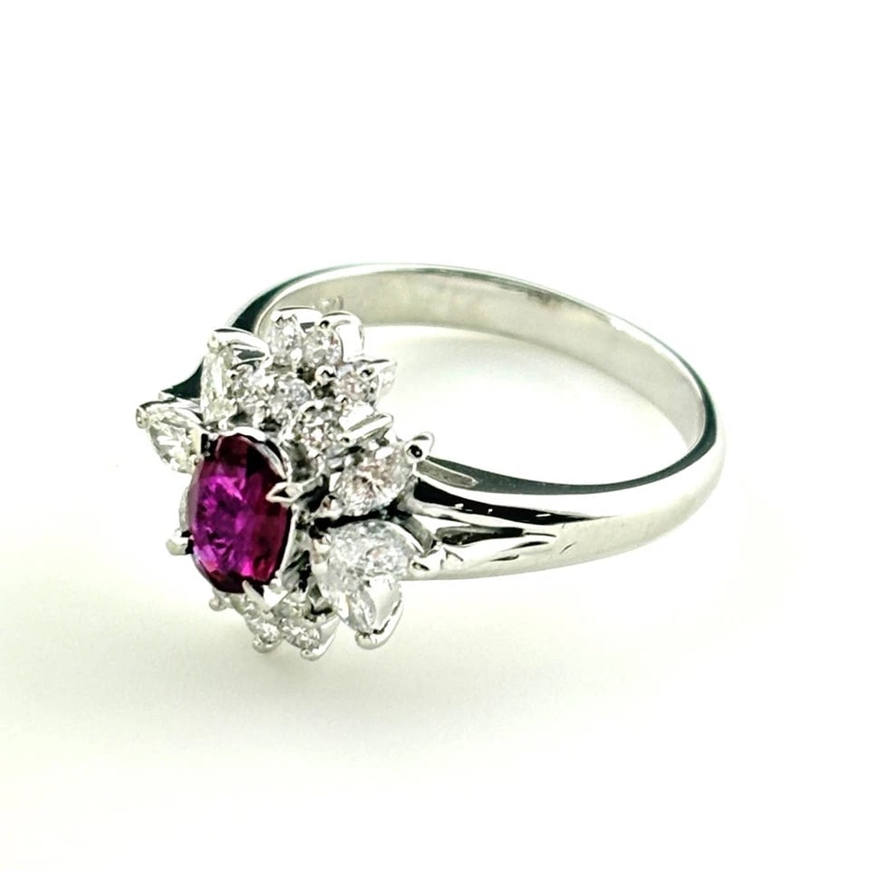 RUBY DESIGN PLATINUM MELEE DIAMOND RING: ruby design Platinum melee diamond Ring Brand: Unbranded Type/Style: Ring Material: Pt850, Main Stone/Creation Ruby Diamond Color: None Size: US 5 Accessories: None Accessories Notice: When