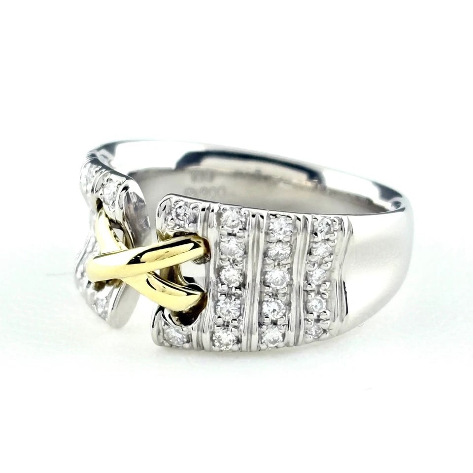 MELEE DIAMOND DESIGN PLATINUM YG RING: melee diamond design Platinum YG Ring Brand: Unbranded Type/Style: Ring Material: 18KYellowGoldPt900, Main Stone/Creation Natural Color: NoneYellowGold Size: US 6.5) Accessories: None Accessories