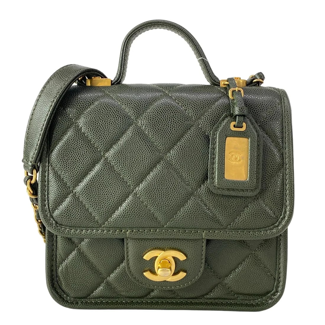 CHANEL SMALL TOP HANDLE FLAP BAG / MATELASSE GRAINED CALFSKIN: CHANEL Small Top Handle Flap Bag / Matelasse Grained Calfskin Brand: CHANEL Type/Style: Shoulder Bag Material: Exterior Material Grained Calfskin Color: Exterior Color Dark Green Size: Height : 6.1