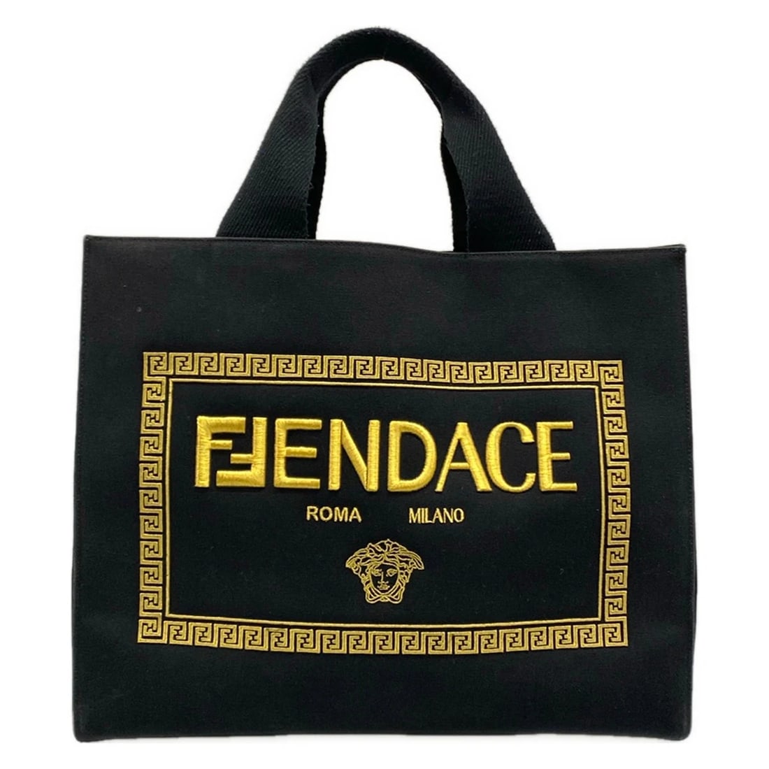 FENDI BLACK GOLD CANVAS TOTE BAG: FENDI Black Gold Canvas Tote Bag Brand: FENDI Type/Style: Tote Bag Material: Exterior Material Canvas Color: Exterior Color Black, Gold Size: Height : 12.99 inch (33 cm) Width : 15.75 inch (40 cm) Dep