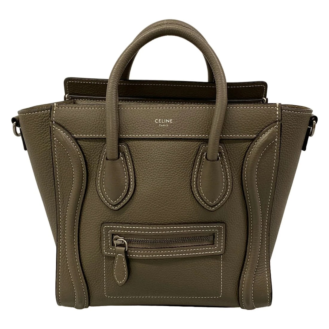 CELINE LUGGAGEDRUMMED CALFSKIN HANDBAG: CELINE LuggageDrummed calfskin Handbag Brand: CELINE Type/Style: Handbag Material: Exterior Material Drummed calfskin Color: Exterior Color Pickpocket (gray-beige) Size: Height : 8.27 inch (21 cm)