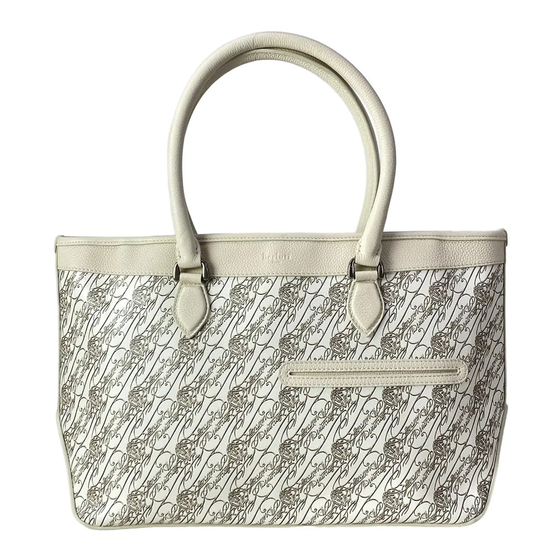 BERLUTI CREAM BEIGE BLACK COATED CANVAS LEATHER TOTE BAG: Berluti Cream Beige Black Coated Canvas Leather Tote Bag Brand: Berluti Type/Style: Tote Bag Material: Exterior Material Coated Canvas, Leather Color: Exterior Color Cream, Beige, Black Size: Height