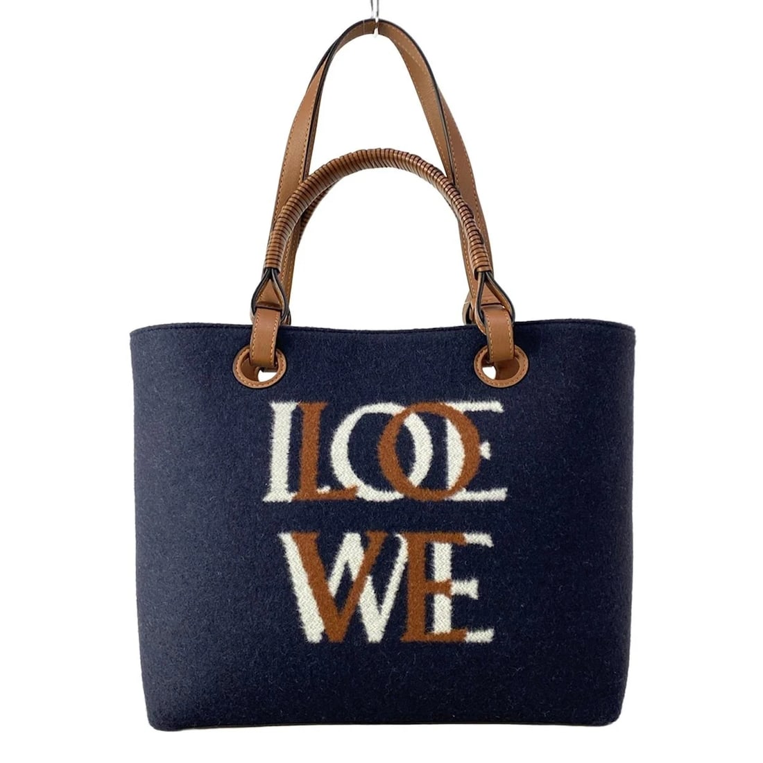 LOEWE LOVE ANAGRAM SMALL TOTE NAVY BROWN WHITE WOOL CALF SKIN: LOEWE Love Anagram Small Tote Navy Brown White Wool Calf Skin Brand: LOEWE Type/Style: Tote Bag Material: Exterior Material Wool, Calf Skin Color: Exterior Color Navy, Brown, White Size: Height :