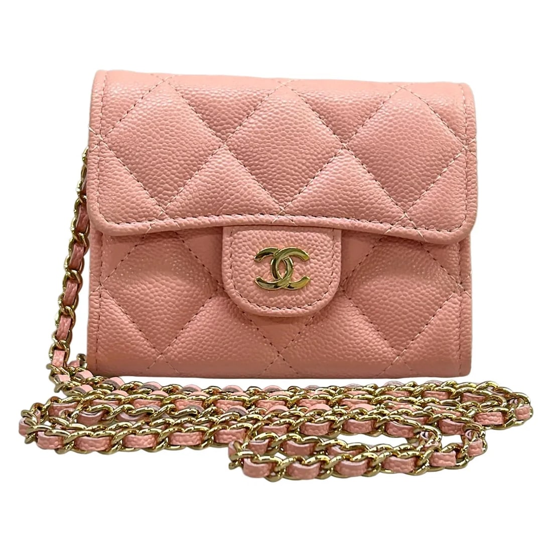 CHANEL CLASSIC MINI CHAIN WALLET/MATELASSE LIGHT PINK: CHANEL Classic Mini Chain Wallet/Matelasse Light Pink Brand: CHANEL Type/Style: Other Style Wallet Material: Exterior Material Grained Calfskin Color: Exterior Color Light Pink Size: Height : 3.35