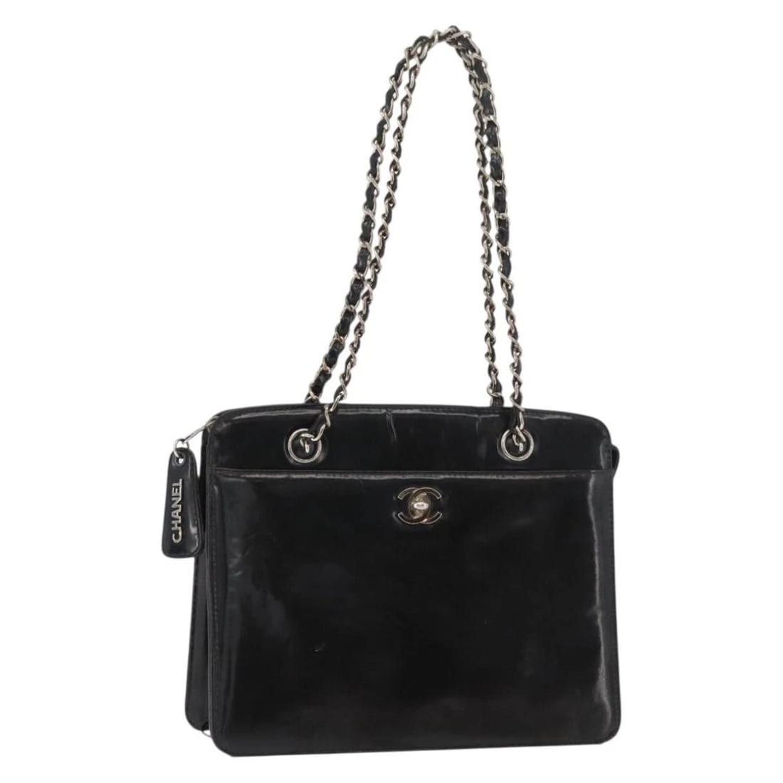 CHANEL MATELASSE CHAIN HAND BAG: CHANEL Matelasse Chain Hand Bag Brand: CHANEL Type/Style: Hand Bag Material: Patent Leather Color: Black/Silver Size: Size(Inch) W9.8 x H7.9 x D3.5inch(Approx) Handle Drop:9.1inch(Approx) Accessor