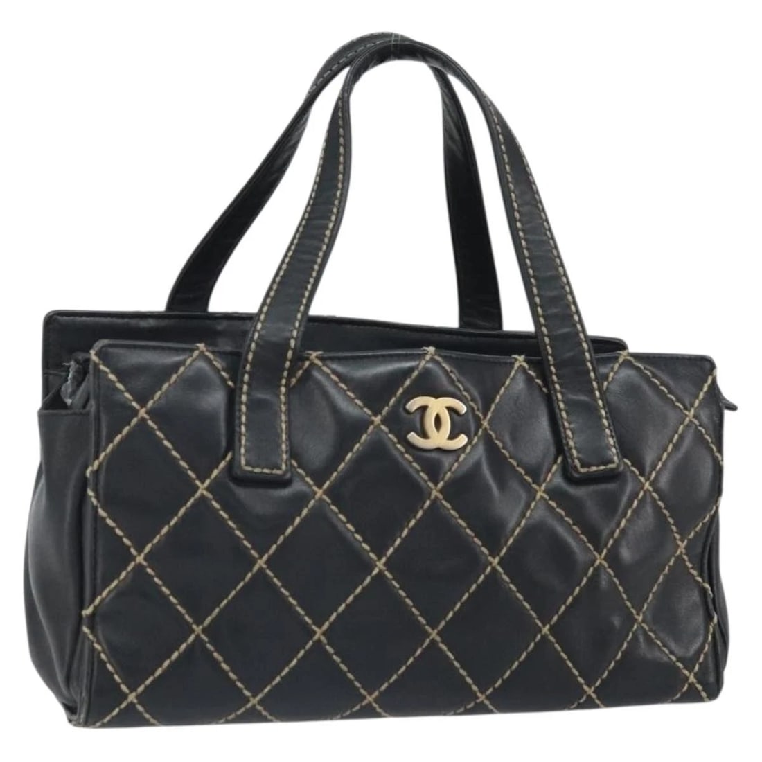 CHANEL HAND BAG LEATHER BLACK GOLD: CHANEL Hand Bag Leather Black Gold Brand: CHANEL Type/Style: Hand Bag Material: Leather Color: Black/Gold Size: Size(Inch) W11.8 x H5.9 x D4.7inch(Approx) Handle Drop:5.9inch(Approx) Accessories: