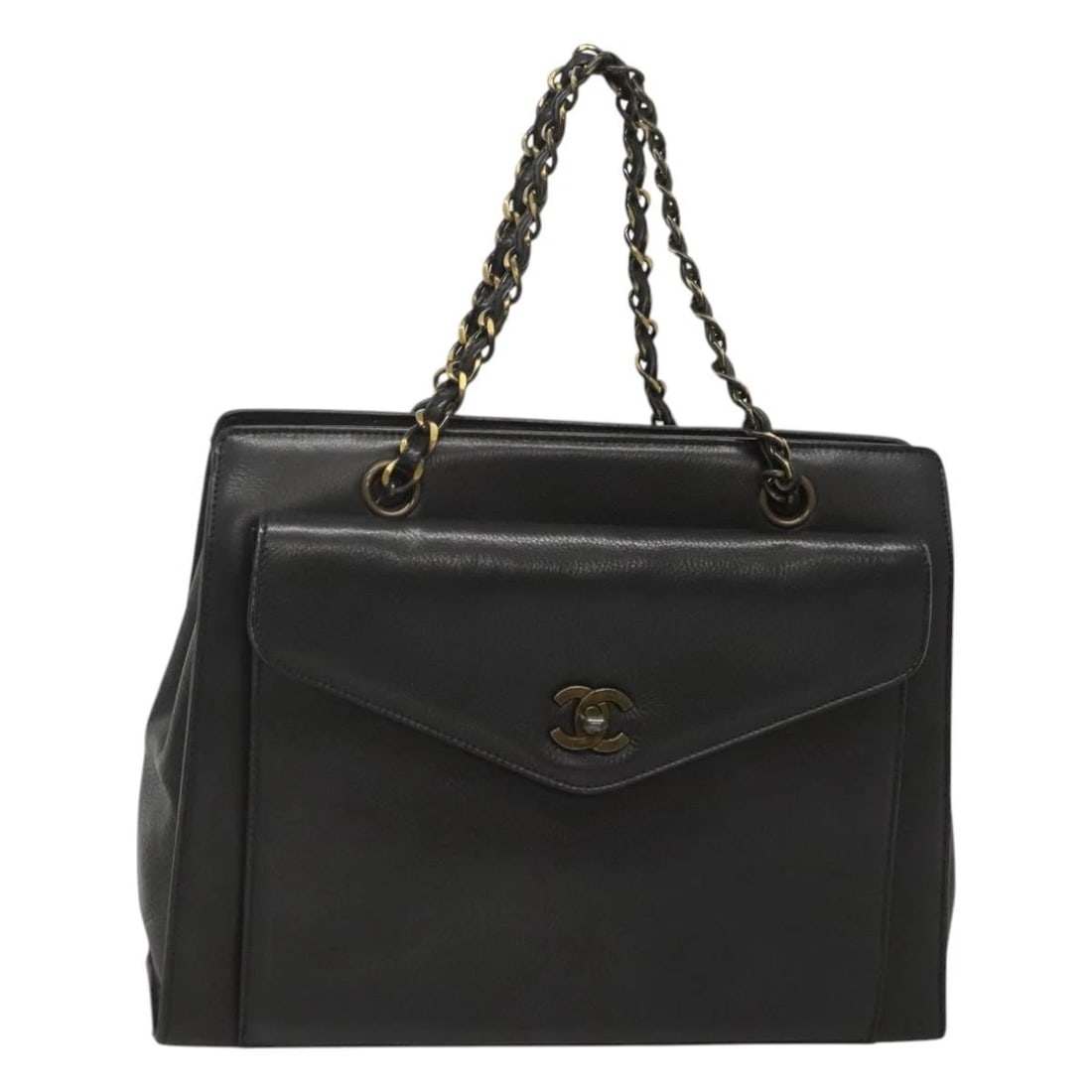 CHANEL CHAIN HAND BAG LEATHER BLACK: CHANEL Chain Hand Bag Leather Black Brand: CHANEL Type/Style: Hand Bag Material: Leather Color: Black Size: Size(Inch) W12.2 x H9.4 x D3.9inch(Approx) Accessories: None Accessories Notice: