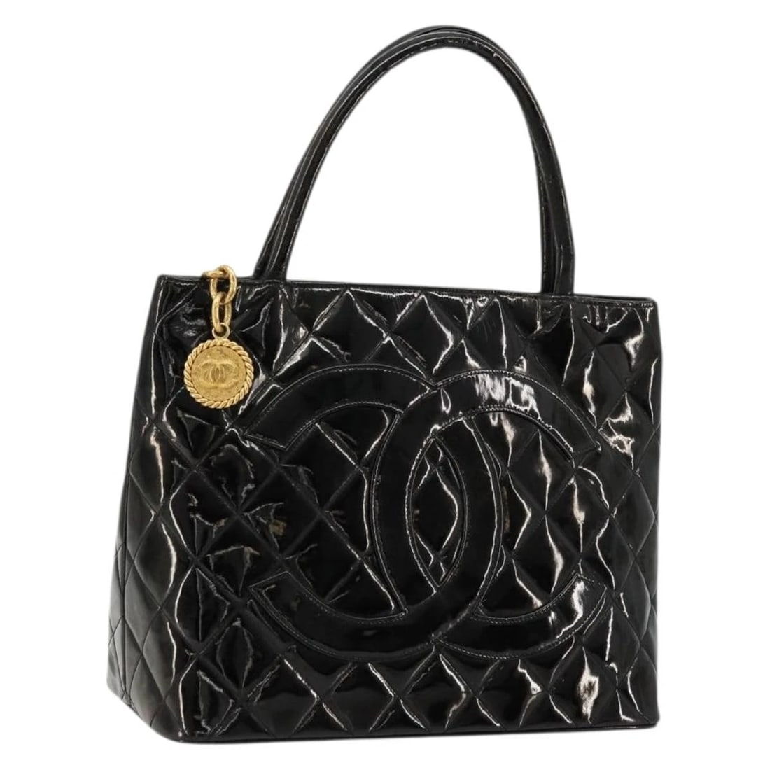 CHANEL MATELASSE REPRINT TOTE BAG: CHANEL Matelasse Reprint Tote Bag Brand: CHANEL Type/Style: Tote Bag Material: Patent Leather Color: Black/Gold Size: Size(Inch) W11.8 x H9.4 x D5.9inch(Approx) Accessories: None Accessori