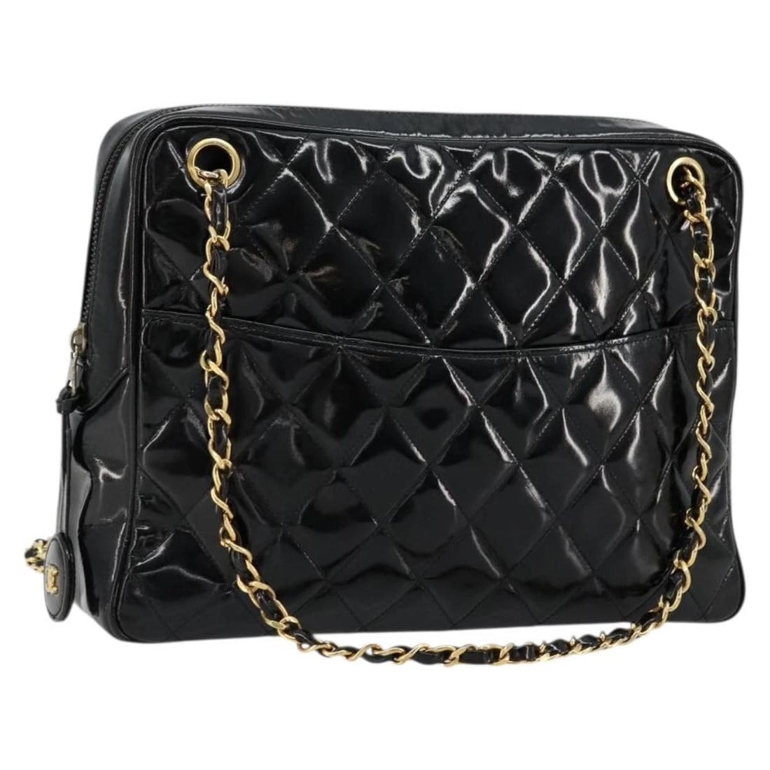 CHANEL MATELASSE CHAIN SHOULDER BAG: CHANEL Matelasse Chain Shoulder Bag Brand: CHANEL Type/Style: Shoulder Bag Material: Patent Leather Color: Black/Gold Size: Size(Inch) W11.0 x H7.9 x D3.1inch(Approx) Accessories: None Acc