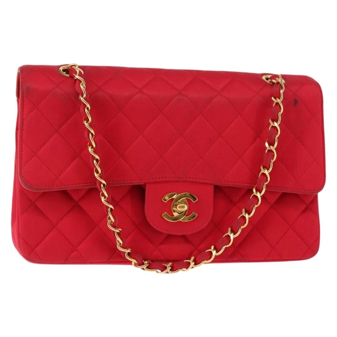 CHANEL MATELASSE 25 DOUBLE FLAP CHAIN SHOULDER BAG: CHANEL Matelasse 25 Double Flap Chain Shoulder Bag Brand: CHANEL Type/Style: Shoulder Bag Material: Satin Color: Red/Gold Size: Size(Inch) W9.8 x H6.3 x D2.4inch(Approx) Accessories: None