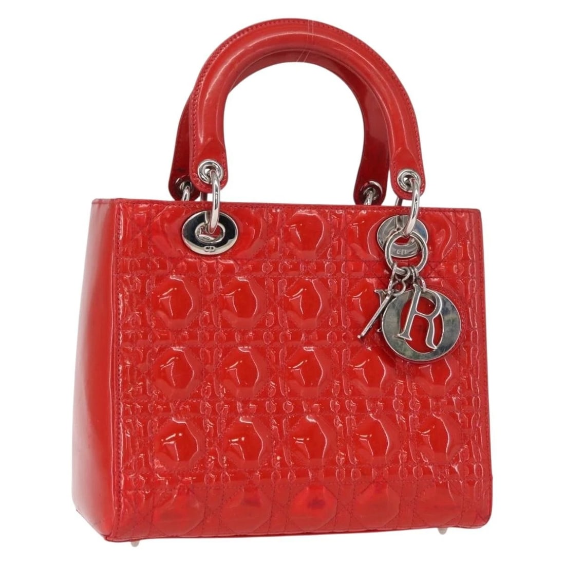 CHRISTIAN DIOR CANAGE HAND BAG: Christian Dior Canage Hand Bag Brand: Christian Dior Type/Style: Hand Bag Material: Patent Leather Color: Red/Silver Size: Size(Inch) W9.4 x H7.9 x D4.7inch(Approx) Accessories: None Acces