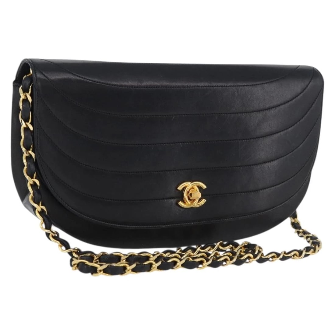 CHANEL HALF MOON CHAIN SHOULDER BAG: CHANEL Half Moon Chain Shoulder Bag Brand: CHANEL Type/Style: Shoulder Bag Material: Lamb Skin Color: Black/Gold Size: Size(Inch) W8.7 x H5.5 x D2.0inch(Approx) Accessories: None Accessori