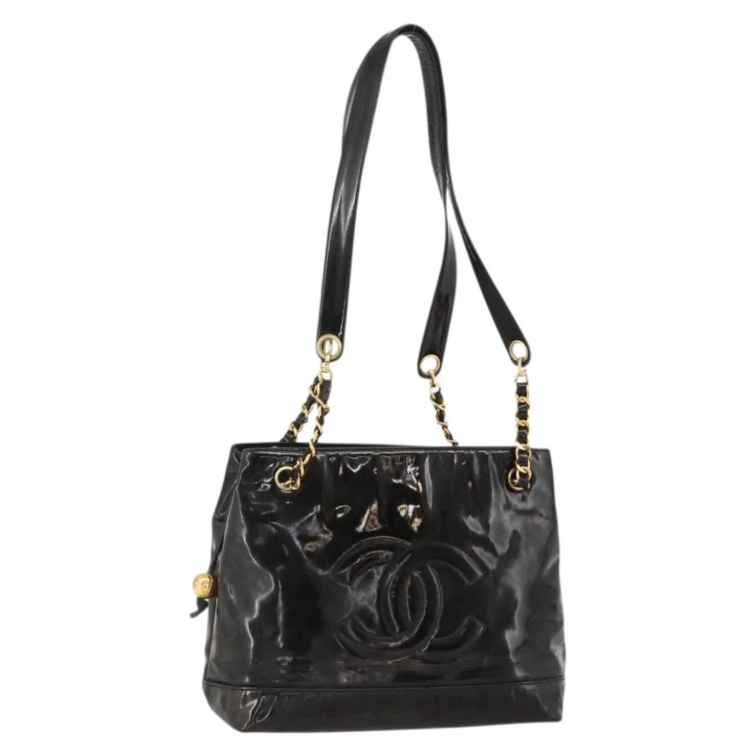 CHANEL CHAIN TOTE BAG: CHANEL Chain Tote Bag Brand: CHANEL Type/Style: Tote Bag Material: Patent Leather Color: Black/Gold Size: Size(Inch) W11.0 x H10.2 x D4.7inch(Approx) Accessories: None Accessories Notice:
