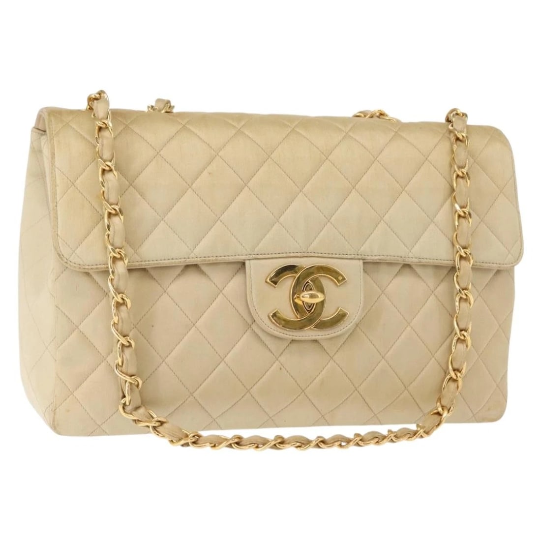 CHANEL MATELASSE 34 CHAIN SHOULDER BAG: CHANEL Matelasse 34 Chain Shoulder Bag Brand: CHANEL Type/Style: Shoulder Bag Material: Satin Color: Beige/Gold Size: Size(Inch) W13.4 x H7.9 x D3.9inch(Approx) Accessories: None Accessori