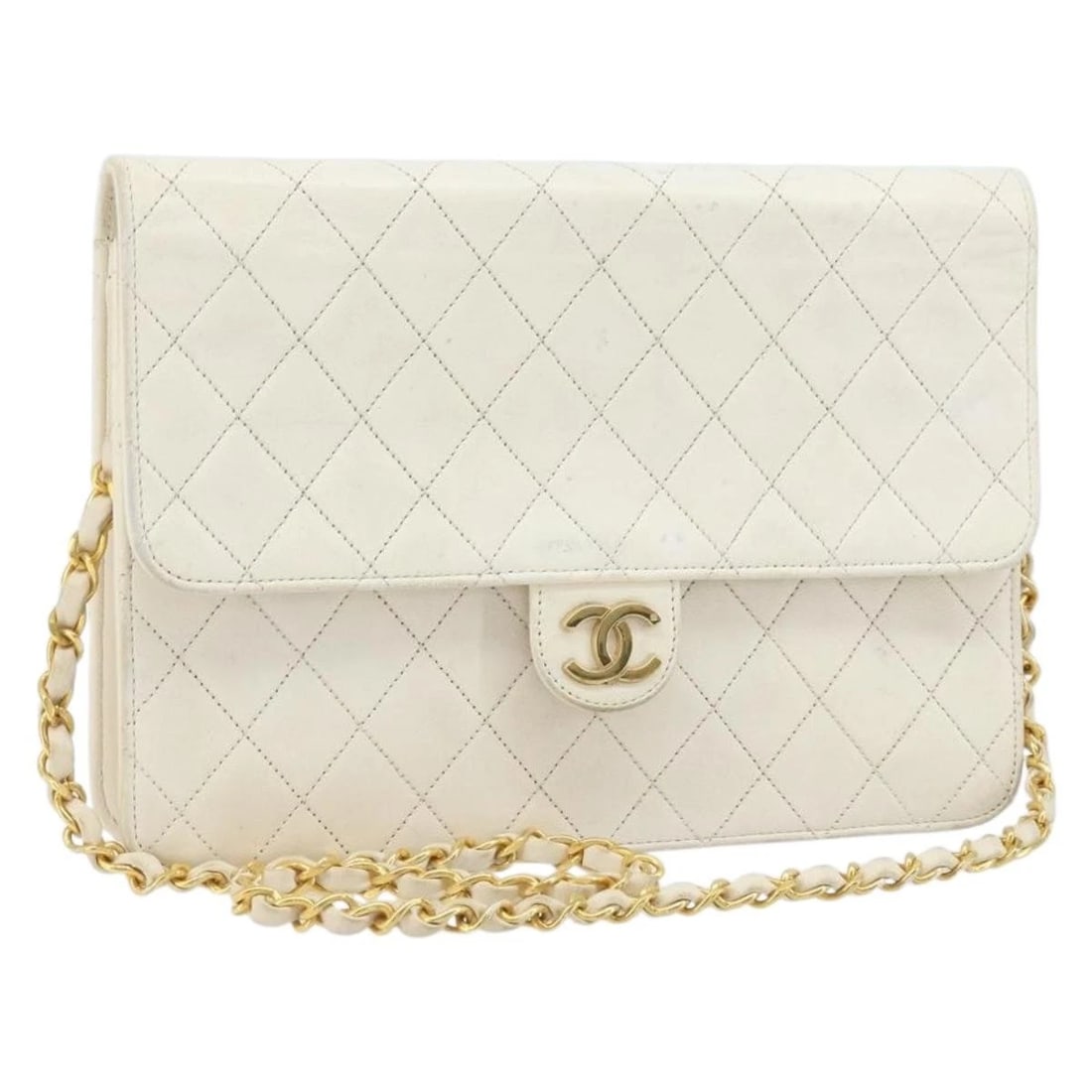 CHANEL MATELASSE CHAIN SHOULDER BAG: CHANEL Matelasse Chain Shoulder Bag Brand: CHANEL Type/Style: Shoulder Bag Material: Lamb Skin Color: White/Gold Size: Size(Inch) W9.8 x H6.7 x D0.8inch(Approx) Accessories: None Accessori