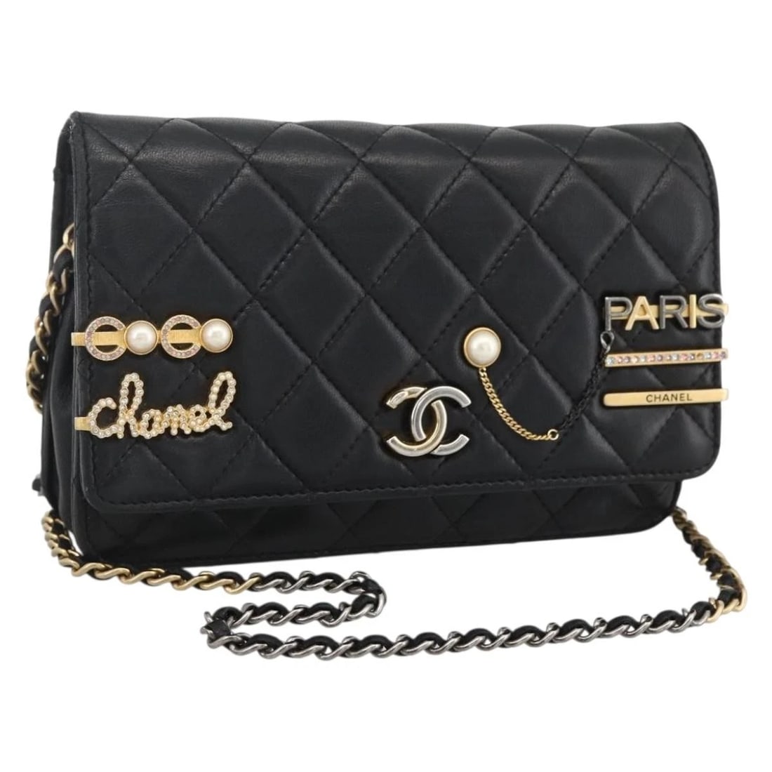 CHANEL MATELASSE CHAIN SHOULDER BAG: CHANEL Matelasse Chain Shoulder Bag Brand: CHANEL Type/Style: Shoulder Bag Material: Lamb Skin Color: Black/Gold Size: Size(Inch) W7.5 x H4.7 x D1.2inch(Approx) Accessories: None Accessori