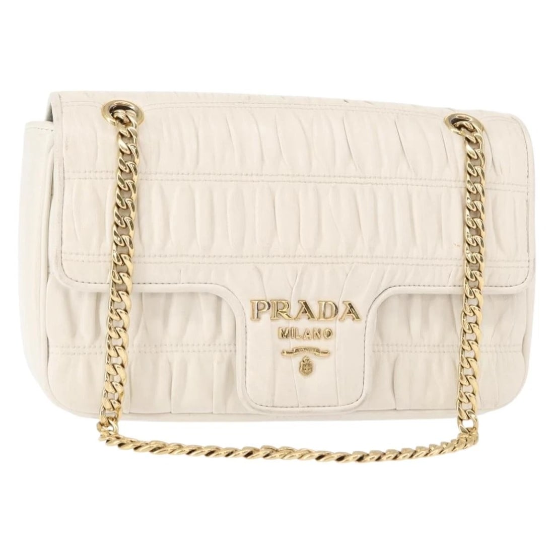 PRADA GATHERED CHAIN SHOULDER BAG: PRADA Gathered Chain Shoulder Bag Brand: PRADA Type/Style: Shoulder Bag Material: Leather Color: White/Gold Size: Size(Inch) W9.8 x H5.1 x D2.0inch(Approx) Accessories: None Accessories No