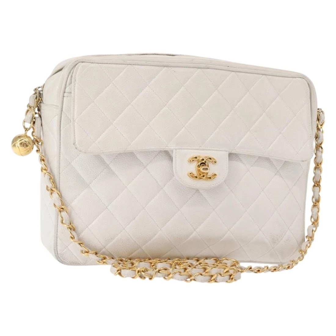 CHANEL MATELASSE CHAIN SHOULDER BAG: CHANEL Matelasse Chain Shoulder Bag Brand: CHANEL Type/Style: Shoulder Bag Material: Caviar Skin Color: White/Gold Size: Size(Inch) W10.2 x H7.9 x D2.8inch(Approx) Accessories: None Access