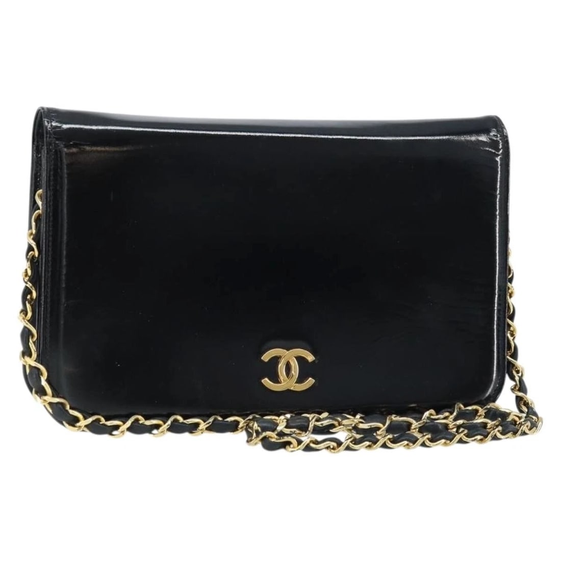 CHANEL CHAIN SHOULDER BAG PATENT LEATHER BLACK GOLD: CHANEL Chain Shoulder Bag Patent leather Black Gold Brand: CHANEL Type/Style: Shoulder Bag Material: Patent Leather Color: Black/Gold Size: Size(Inch) W9.1 x H5.9 x D1.6inch(Approx) Accessories: None