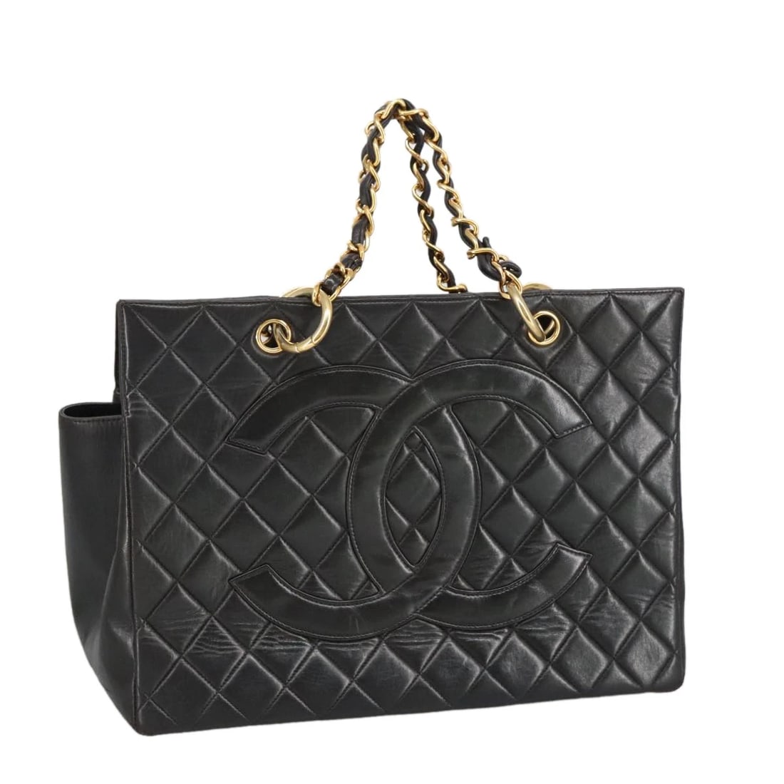 CHANEL MATELASSE CHAIN HAND BAG: CHANEL Matelasse Chain Hand Bag Brand: CHANEL Type/Style: Hand Bag Material: Lamb Skin Color: Black/Gold Size: Size(Inch) W13.0 x H9.1 x D6.7inch(Approx) Accessories: None Accessories Noti