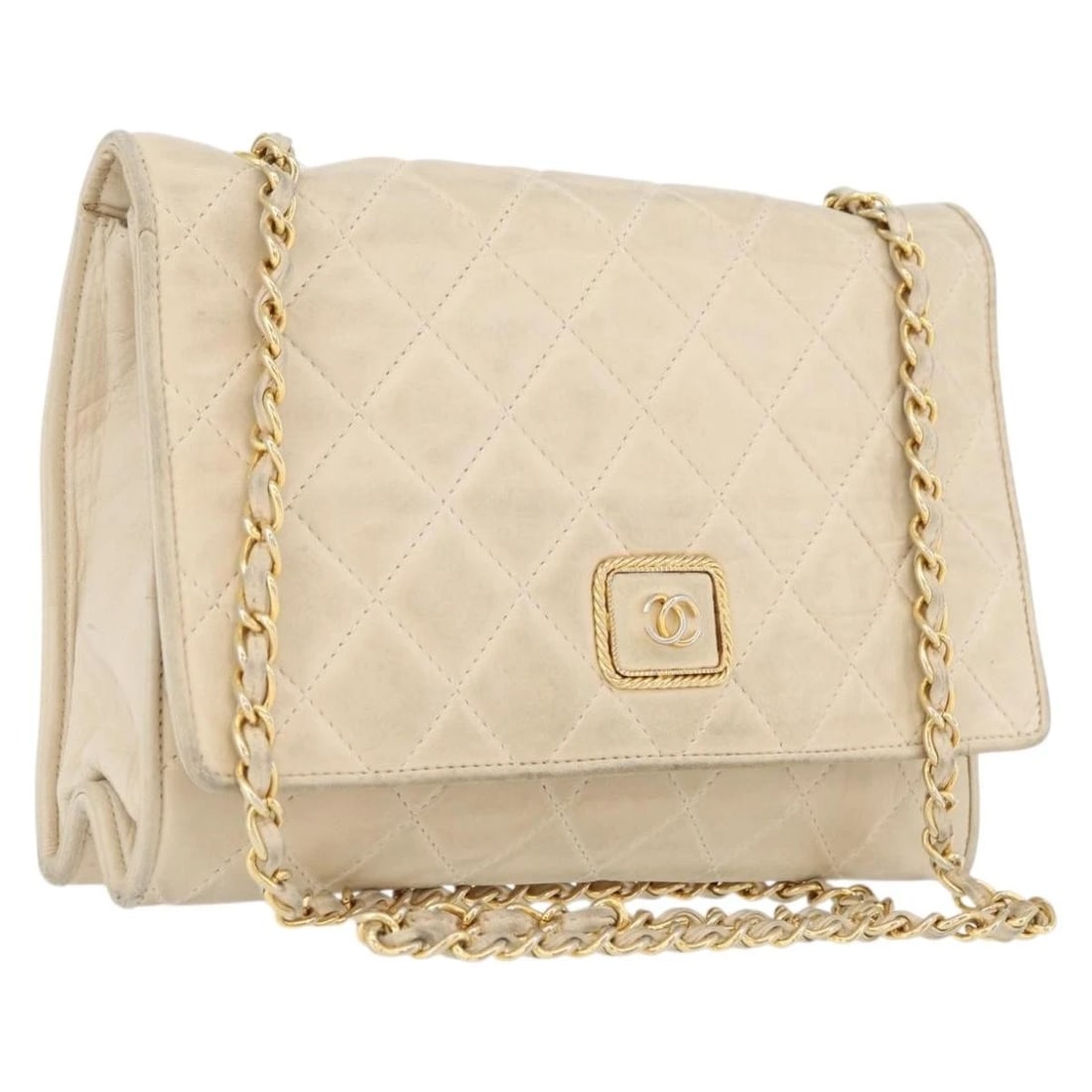 CHANEL MATELASSE CHAIN SHOULDER BAG: CHANEL Matelasse Chain Shoulder Bag Brand: CHANEL Type/Style: Shoulder Bag Material: Leather/Lamb Skin Color: Beige/Gold Size: Size(Inch) W9.1 x H6.7 x D2.4inch(Approx) Accessories: None A